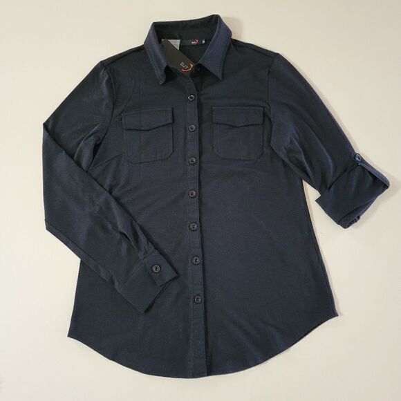 DJT Women’s Roll-Up Long Sleeve Solid Black Women’s Collared Button-Down Shirt - Picture 6 of 16
